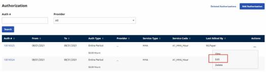 Partial image of the Authorization page showing sample data with the Actions menu (...) at right expanded and the Edit command highlighted